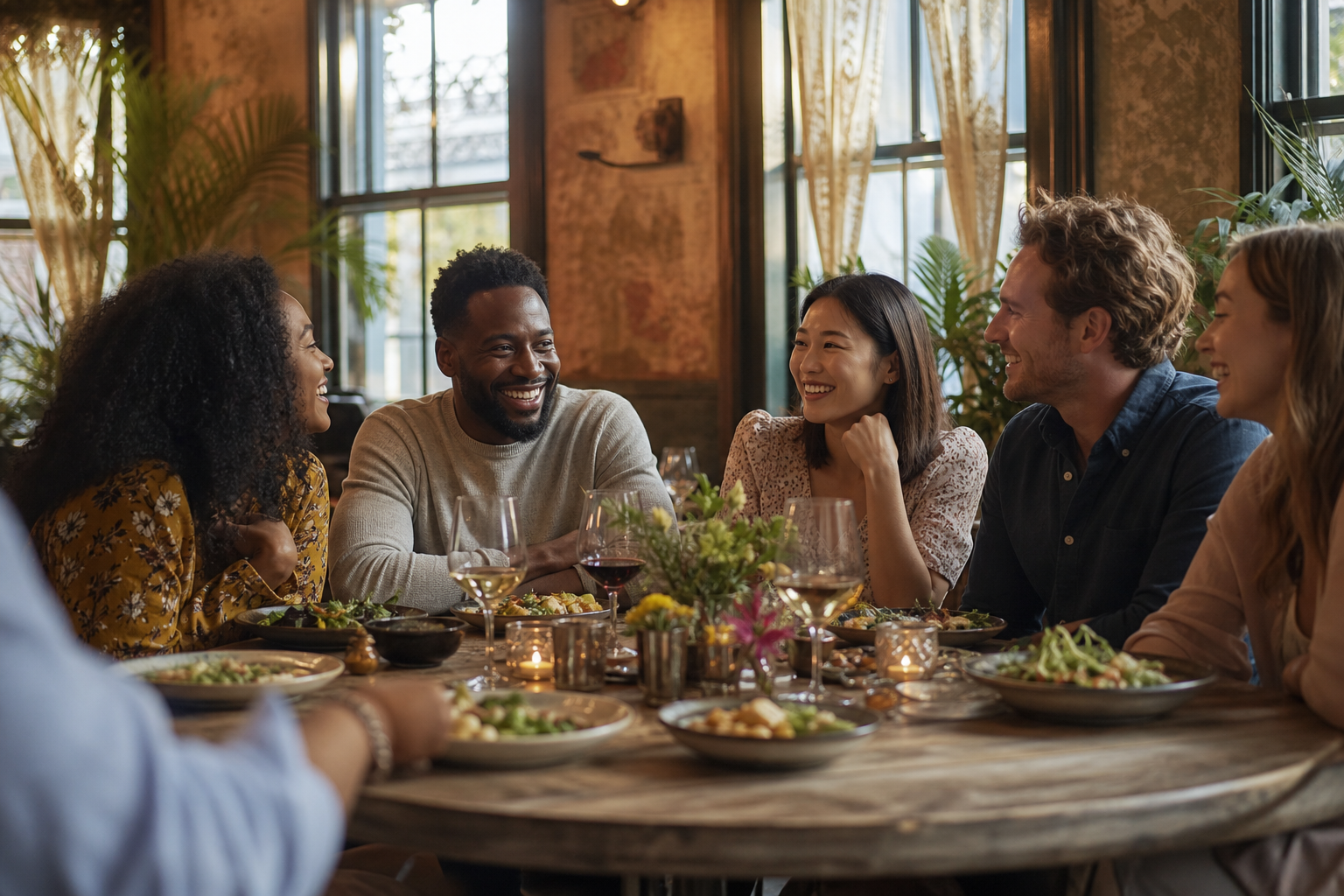Eating in Restaurant with Diners and Decor